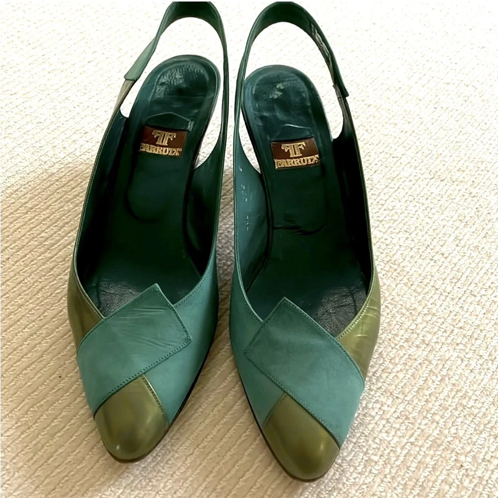 Farrutx Leather Turquoise and Green Slingback Heels